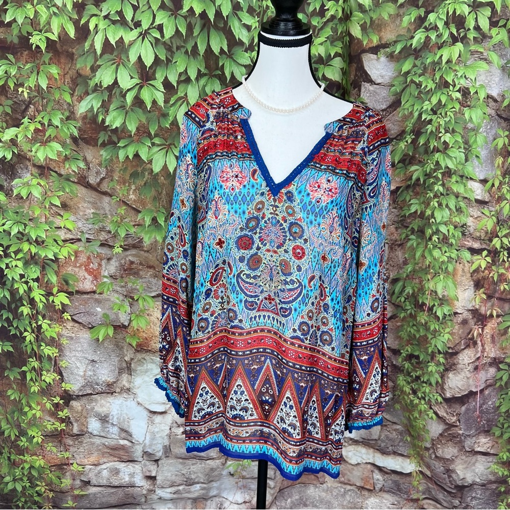 SOFT SURROUNDINGS Turquoise Coastal Cowgirl Flowy Semi-Sheer Chiffon Top, M - Picture 2 of 12